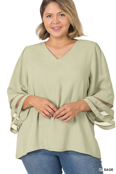 Mesh Bell Sleeve Top - Light Sage